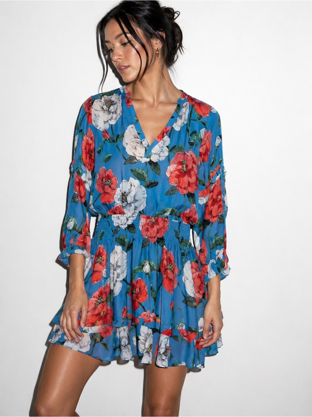 Parker Blue Floral Silk Blend Smocked Waist Mini Dress Size M